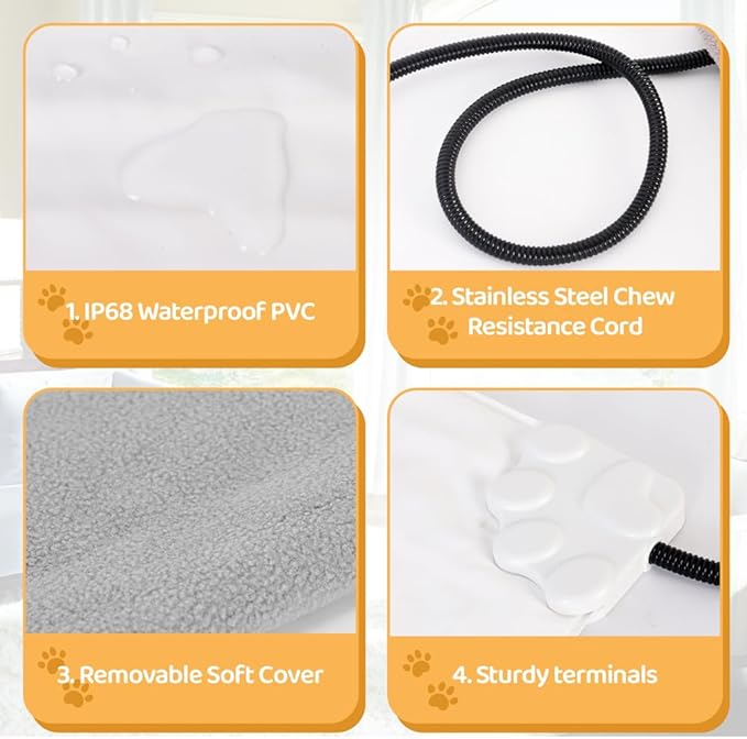 Pet Heating Pad for Cats Dogs with Timer Temperature Adjustable, Electric Heating Mat Indoor, Adjustable Warming Mat, Waterproof Heated Bed with Chew Resistant Steel Cord，Pet Heated Mat