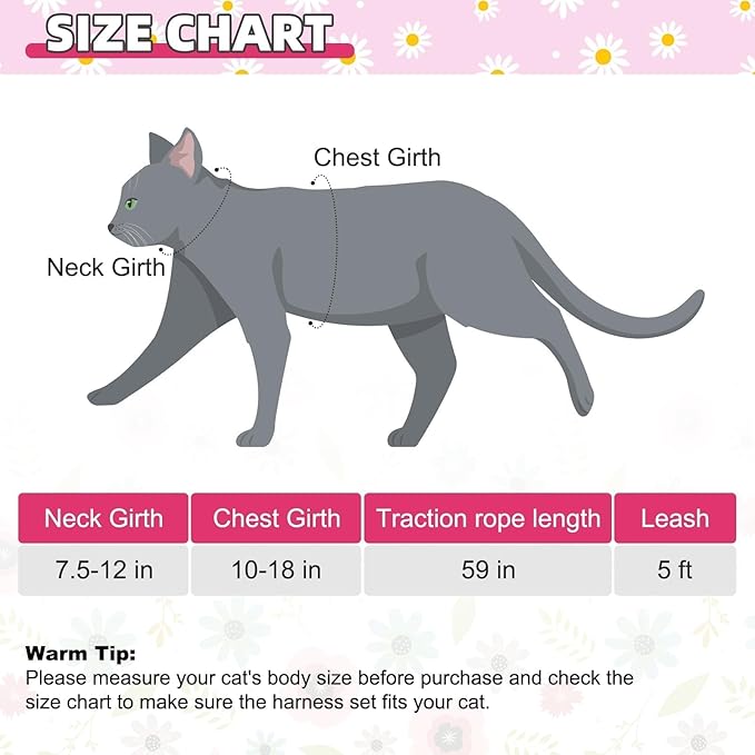 KOOLTAIL Cat Harness and Leash Set Escape Proof with Airtag Holder Collars (3 in 1), Comfortable Lightweight Adjustable Kitten Harness for Small Medium Large Cats Safe Walking & Travel,Pink Daisy