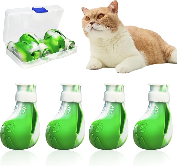 4 Pcs Cat Boots for Cats Only Cat Claw Covers Silicon Cat Mittens to Prevent Scratching Cat Booties for Bathing Nail Clipping Barbering Treatment (Green&White)