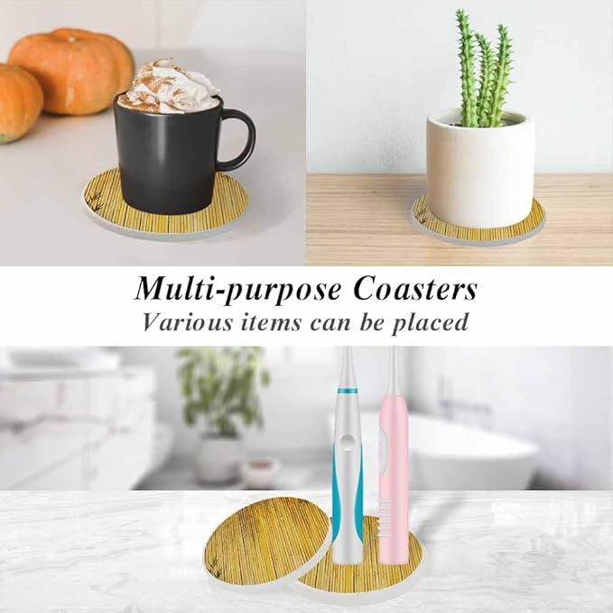 Bamboo Style Ceramic Coasters Absorbent Drink Coasters Round Ceramic Table Coasters Set Decorative Coffee Cup Beverage Coasters Wine Beer Bar Coasters 2 Pack