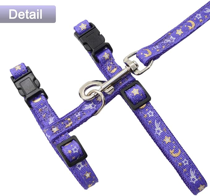 Cat Harness and Leash Set for Outdoor Walking Escape Proof Adjustable Soft Safety Strap with Golden Star and Moon Design Glow in The Dark Purple Medium