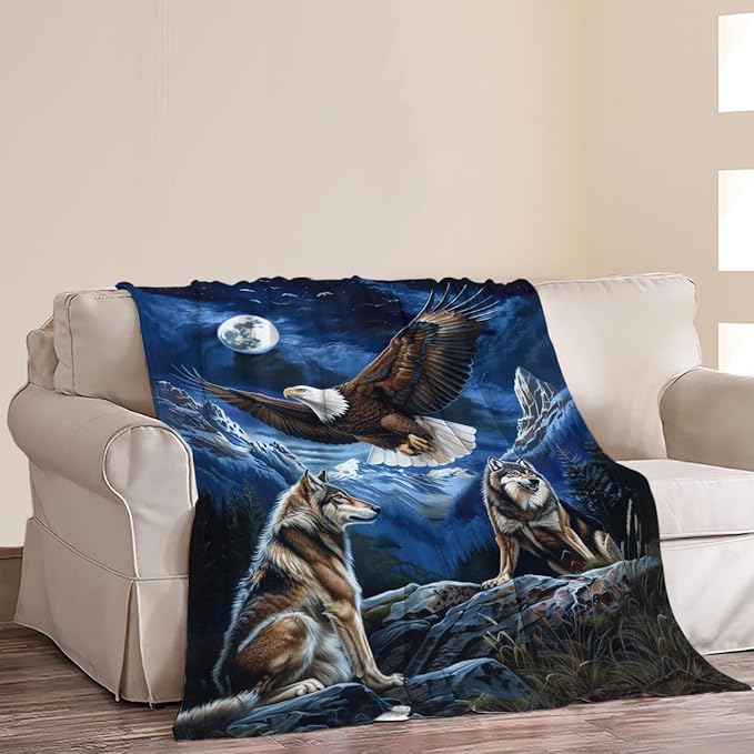 Bald Eagle Wolf Throw Blanket Wild Animal Mountain Moon Night Wolves Print Blankets Gifts Couch Sofa Bed Stuff Decor Soft Cozy Lightweight Fleece Plush Flannel Bedding for Lover Men Women 40"x50"