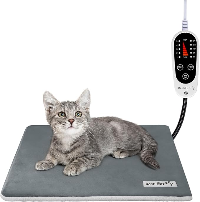 Rest-Eazzzy Cat Heating Pad, Cat Bed with Removable Cover Heated Cat Bed 5 Level Timer and 5 Level Temperature, Cat Beds for Indoor Warming Mat for Cat Dog (Heat pad, Pure-Grey,2pcs)