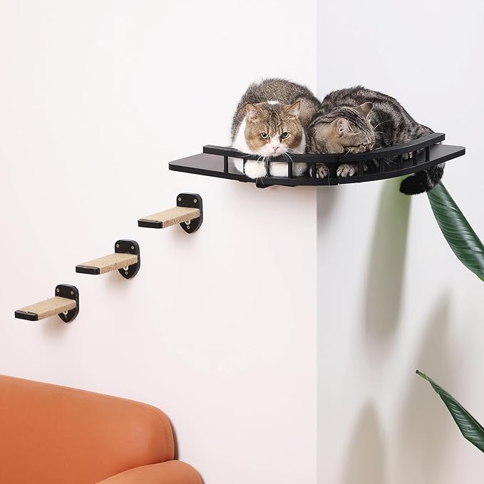 Cat Shelves for Wall, 2 Pcs Cat Wall Shelves with 3 Cat Wall Steps, Wood Cat Wall Furniture Set with Plush Covered, Wall-Mounted Cat Climbing Shelves Cat Perch for Indoor Large Cat (Black)