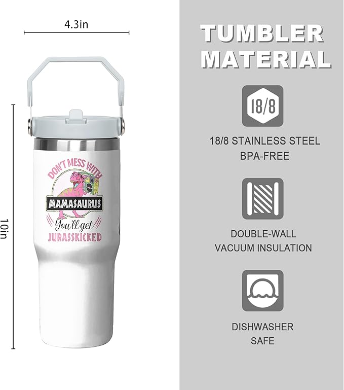 30 Oz Momasaurus Tumbler with Handle and Straw, Best Mom Cup Gifts for Mom Insulated Jurasskicked Mom Cup, Double Wall Stainless Steel Momasaurus Cup, 30 Oz Leak Proof Mama Saurus Cup for Mom Gifts