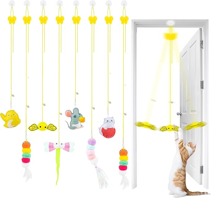 8 PCS Cat Feather Toys Cat Toys Hanging, Interactive Hanging Cat Toy Door Cat Teaser Retractable Door Frame Cat Hunting Toy, Cat Mouse Toy Hanging String Toys for Indoor Kitten Self Play Exercise