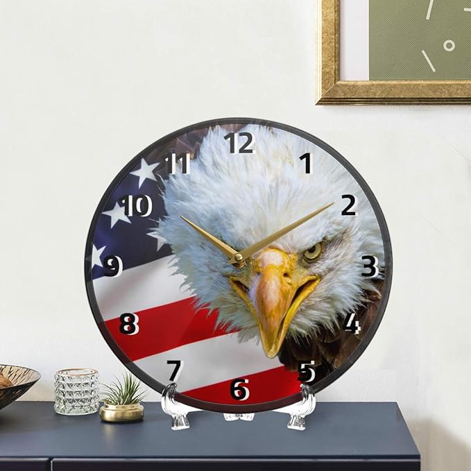 ALAZA American Bald Eagle USA Flag Animal Wall Clock Battery Operated Silent Non Ticking Clocks for Living Room Decor 12 Inch / 9.5 Inch