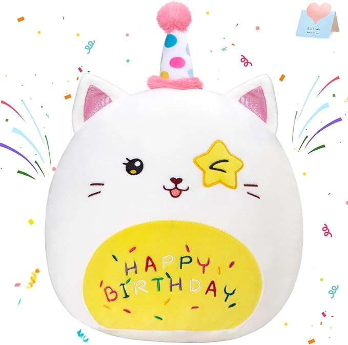 16" Birthday Cat Plush Pillow Stuffed Animals Original Wink Kitty Kitten Large Plushie Cuddle Squishy Happy Birthday Gift for Kids Boys Girls