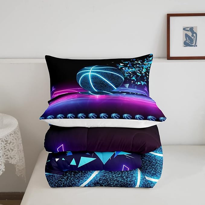 Basketball Comforter Set Twin Size Neon Sport Bedding Set For Kids Boys Girls Teens Blue Purple Gradient Glowing Basketball Down Comforter Room Decor Lightweight 1 Pillow Case Duvet Insert