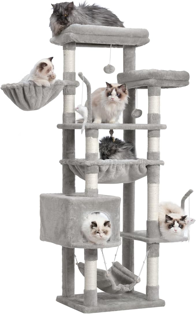 Cat Tree, Cat Tower for Large Cats with 2 Big Platforms, 2 Baskets, condo and Toys, 63" Cat Scratching Posts for Indoor Cats, Light Gray GCT020W