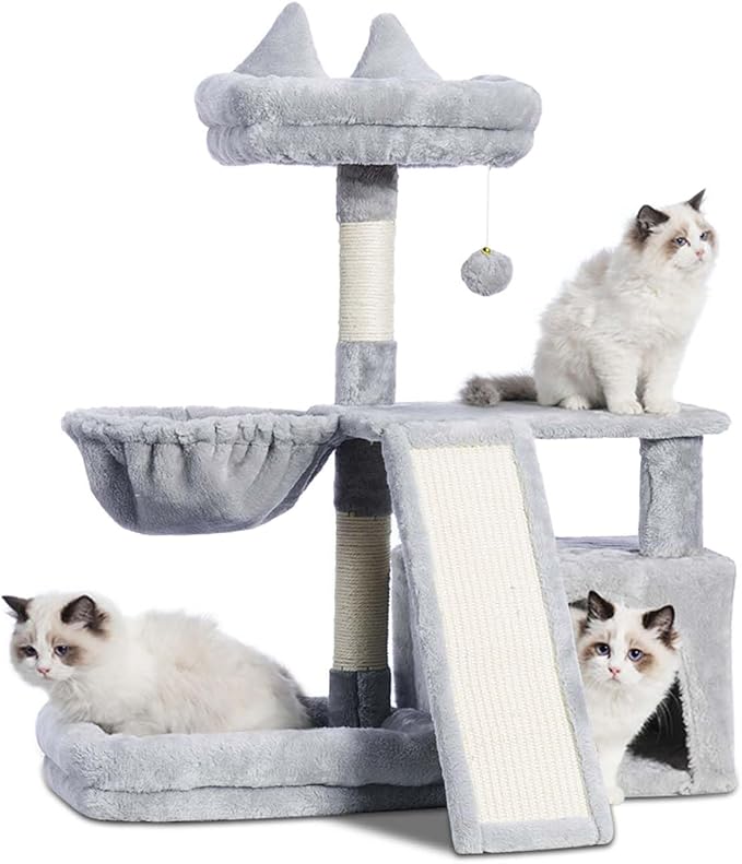 Cat Tree, Cat Tower with condo, Basket, Large Bed, Platform, Scratch Board, Cat Scratching Posts for Indoor Cats, Light Gray GCT002SW