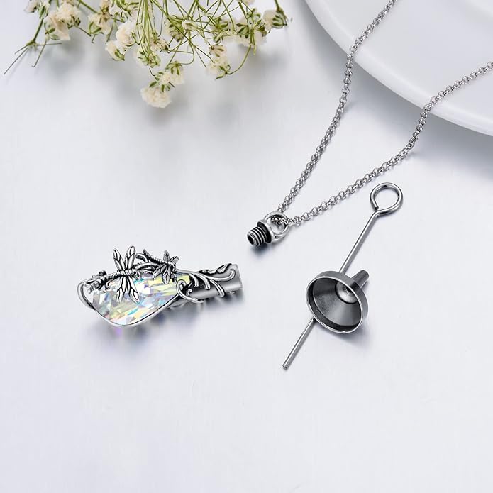 Animal Crystal Urn Necklace For Ashes Sterling Silver Butterfly Dragonfly Bee Phoenix Peacock Hummingbird Fox Angel Wing Pentagram Pentacle Cremation Necklace Heart Teardrop Urn Holder Necklaces For Women Memorial Jewelry