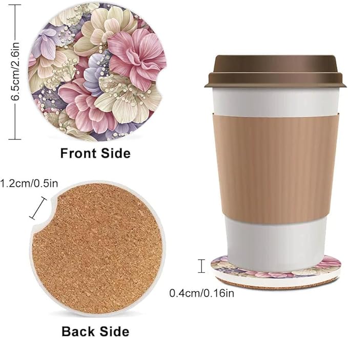 Absorbent Car Cupholder Coaster 2 Pack, Cute Car Coasters with a Finger Notch for Women & Men,2.56" Ceramic Stone & Non-Scratch Cork Base Drink Coasters, Cute Auto Accessories Gifts