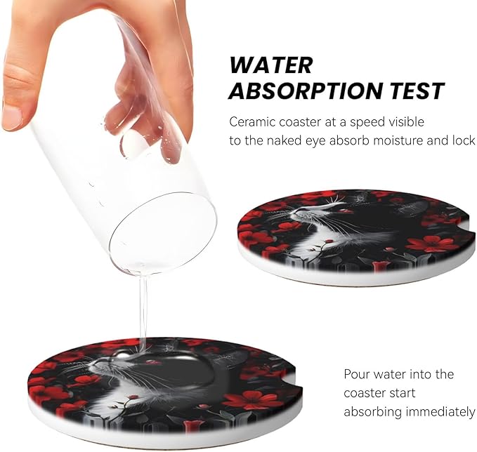 Absorbent Ceramic Car Coasters for Cup Holders, Black Cat Red Flower Design 2.56" Anti Slip Universal Drink Cup Coasters for Women Men (2 Pack)