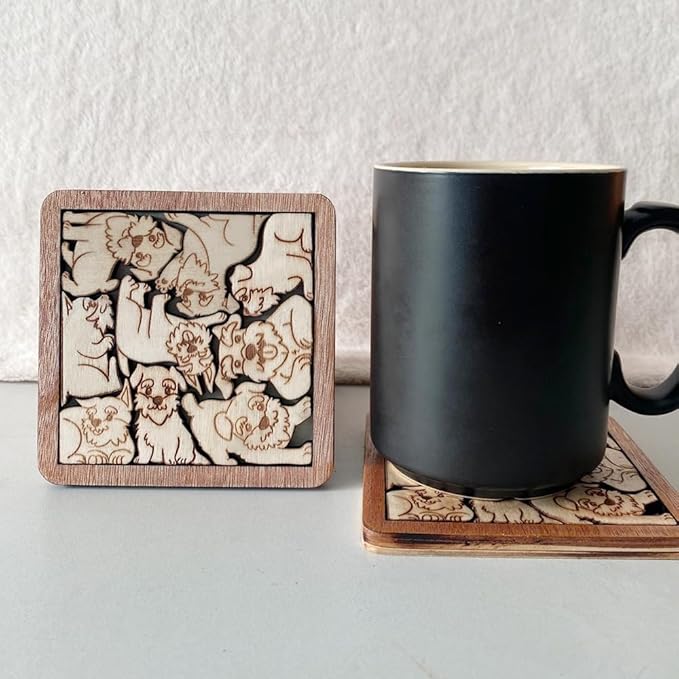 02 Schnauzer Dog Puzzle Wooden Coasters- Interlocking Jigsaw Drink Mats with Laser-Cut Design for Pet Lovers (Schnauzer Dog Coasters)