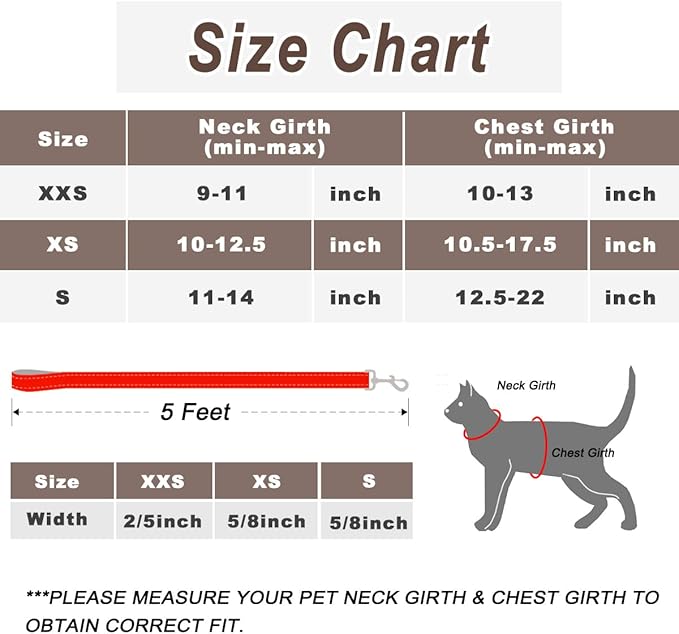 Cat Harness and Leash Set for Walking Escape Proof for Small Large cat Kitten Harness with ID tag Pocket (Red,XXS)