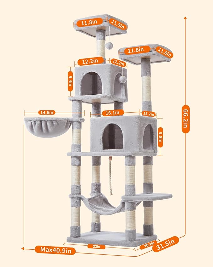 Taoqimiao 66-Inch Cat Tree Cat Tower for Indoor Cats, Plush Multi-Level Cat Condo with 12 Scratching Posts, 2 Perches, 2 Caves, Hammock, 2 Pompoms MS013W Light Gray
