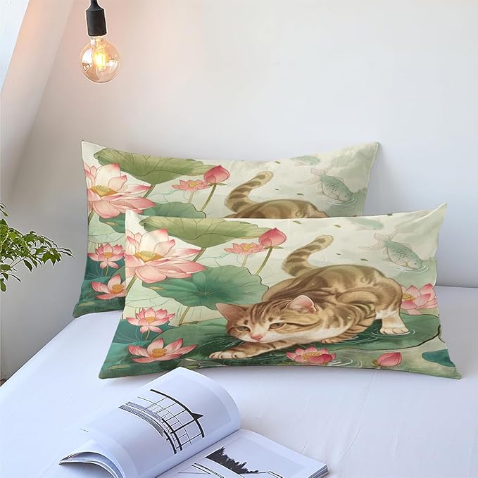 Aesthetic Summer Painting Comforter Set Queen Size Kids Rustic Floral Bedding Set with Kawaii Kitten Comforter Modern Bedroom Decor Bedding Set