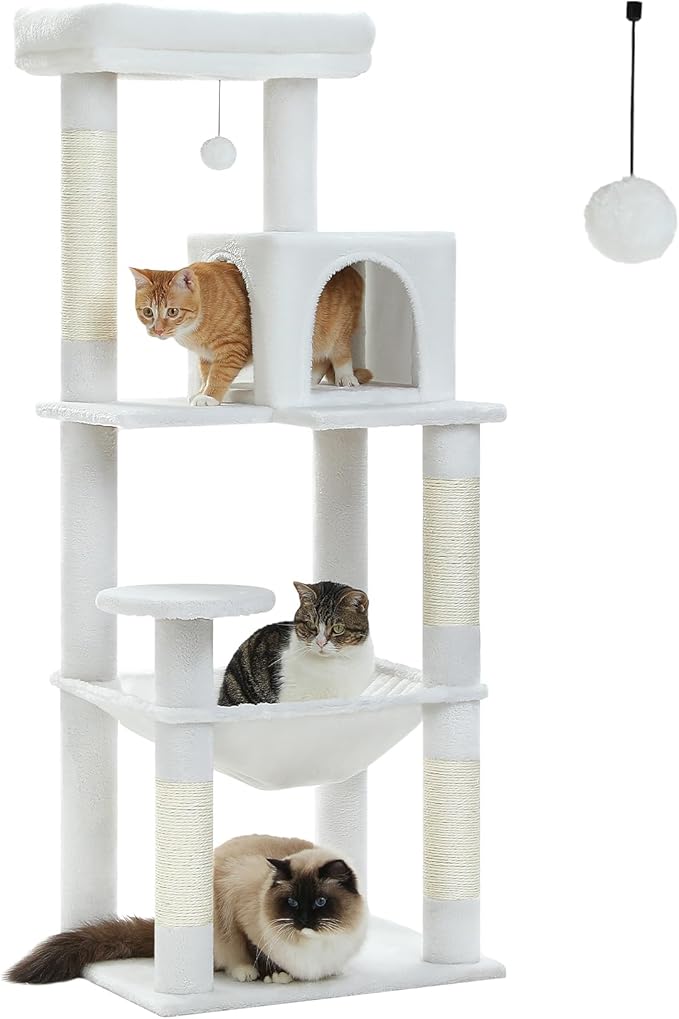 PETEPELA 56.3'' Tall Cat Tree for Indoor Large Cats, Multi-Level Cat Tower with Super Large Hammock (20''X16''), Sisal Covered Scratching Posts, Cozy Condo and Top Perch,White