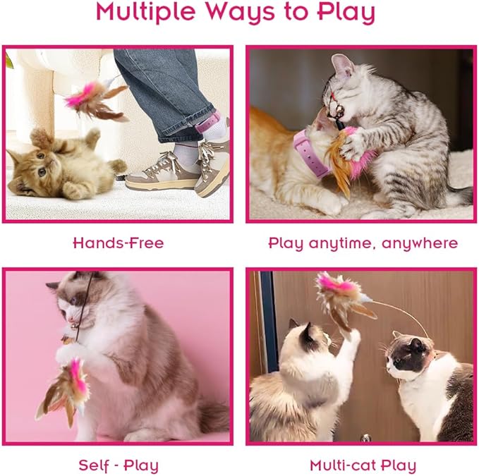 Abnaok Cat Feather Collar Toys, Interactive Cat Toys for Indoor Cats Teasing Wand Collar Funny Cat Toy with Bell and Replaceable 3 Feathers Refills Multiple Ways for Cats to Play
