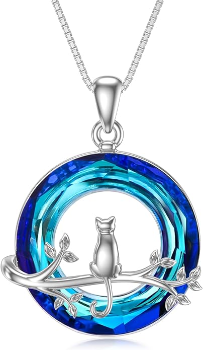 TOUPOP Cat Gifts for Women Sterling Silver Cat Necklaces with Circle Crystal Cat Lovers Jewelry Gifts for Women Girls Birthday Christmas