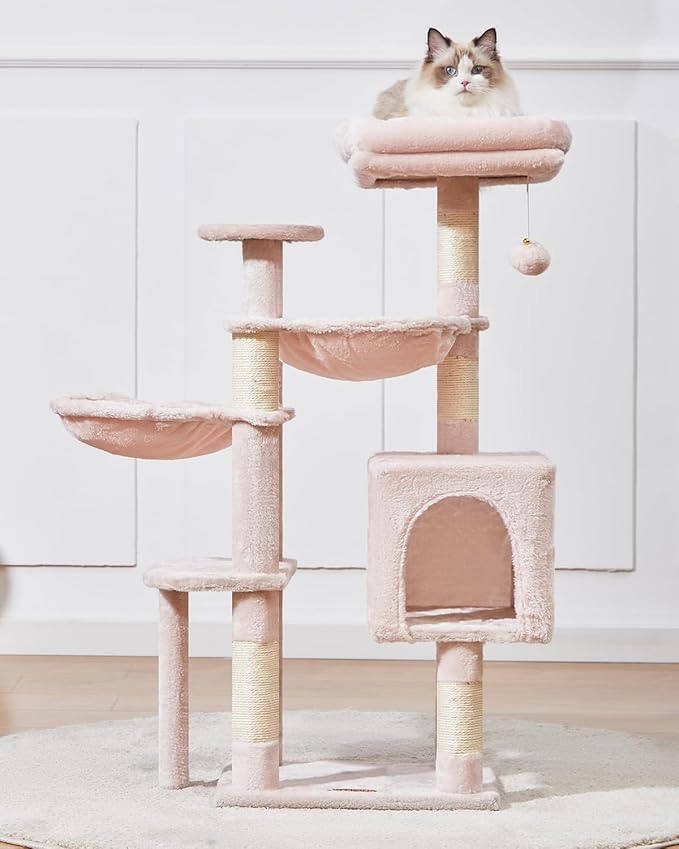 Taoqimiao Cat Tree, 39.4-Inch Cat Tower for Indoor Cats,Suitable for Kittens,Plush Cat Condo with 5 Scratching Posts, Plush Perch,2 Hammock,Pompoms, MS019P Jelly Pink