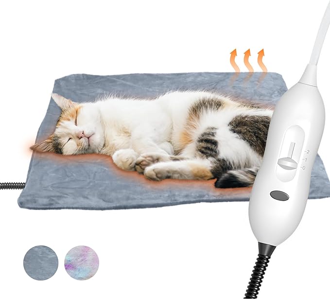 Heating Pad for Cats, Waterproof Electric Heated Cat Bed Indoor with Chew Resistant Cord, Soft Washable Cover, Two Level Adjustable Temperature Pet Bed Warmer-Medium 17.7x17.7x0.5, (Grey)
