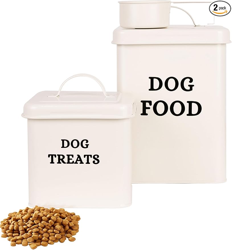 2 Packs Metal Airtight Dog Food Storage Container, Dog Treat Container With Lid & Scoop, Farmhouse Dog Treat Jar Dog Food Container, Cream