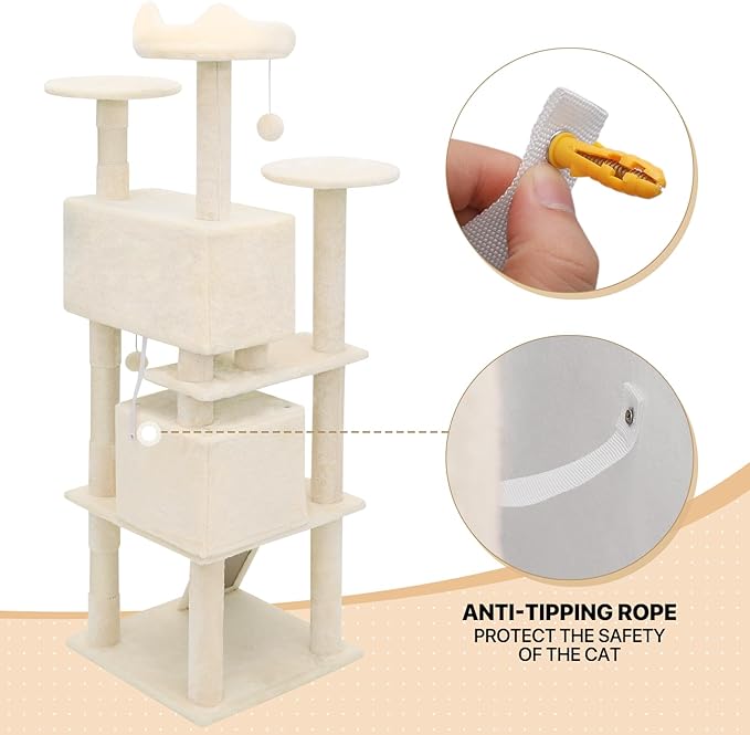 MoNiBloom Cat Tree, 60 Inch Cat Tree Tower with 2 Cat Condo, Cat Tower with Scratching Post, Cat Climbing Tower, Cat Tree for Indoor Cats, Beige