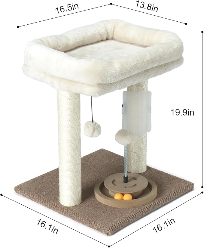 PAWSFANS Cat Tree Scratching Post,Small Cat Tower with Perch Bed Scratch for Indoor Cats and Kittens Scratcher.Track Toy Hanging Ball Bursh Beige