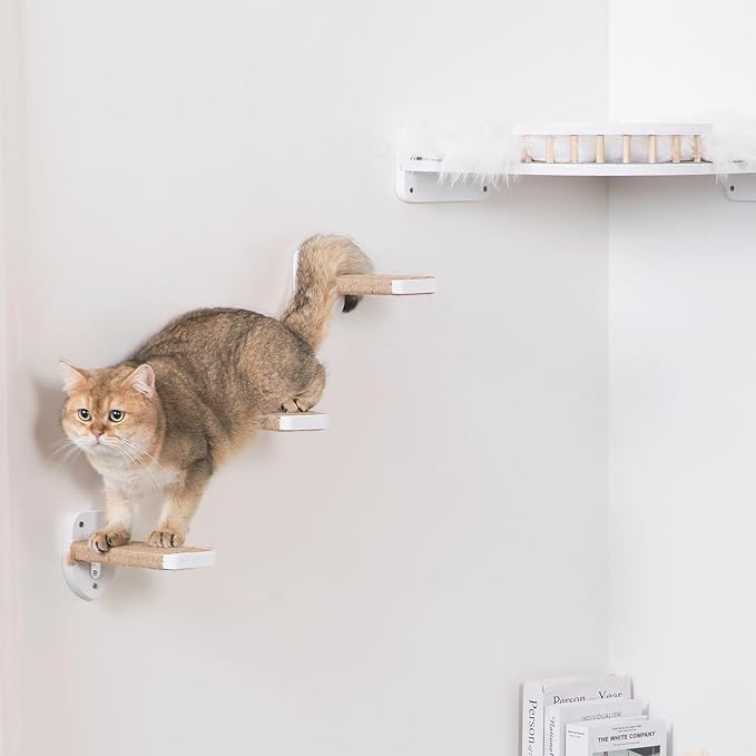 3pcs Cat Wall Steps, Cat Climbing Wall Mounted Cat Furniture, Cat Wall Shelves Cat Steps for Wall with Hemp Rope Covered, Solid Wood Cat Ladder for Cats Playing and Climbing (Large-White)