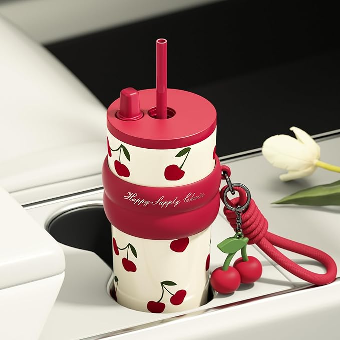 24 OZ Stainless Steel Tumbler with Lid and Straw, Sidagar Insulated Water Bottle Leak Proof for Hot and Cold, Portable Iced Travel Coffee Mug, Reusable Thermal Coffee Cup For Women Women, Cherry