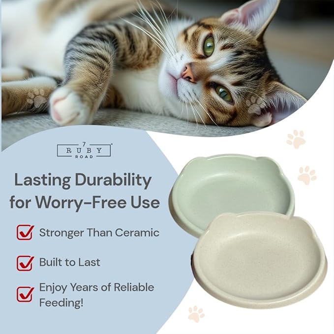 7 Ruby Road Anti Whisker Fatigue Cat Bowl, Set of 2 - Wide Cat Food Bowls, Wet and Dry Shallow Cat Food Dish, Small Cat Dishes for Indoor Cats, Cute Kitten Bowls Whisker Friendly & Relief Non-Slip 6oz