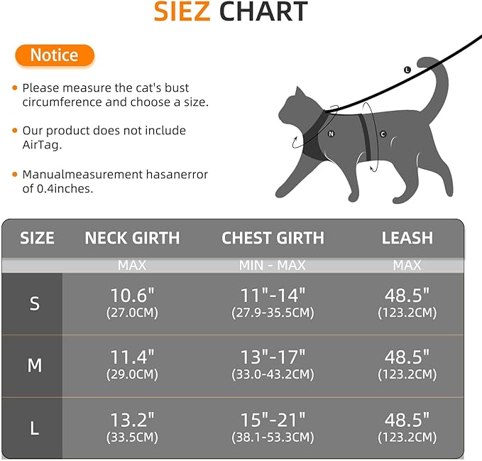 AirTag Cat Harness and Leash for Walking, Integrated Cat Vest with 100% Waterproof Air Tag Holder, Escape Proof Reflective Adjustable Vest Harnesses with Apple Air Tag Case for Cats, Kittens, Puppies