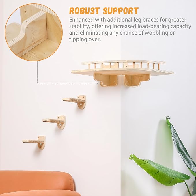 Cat Shelves for Wall, 2 Pcs Cat Wall Shelves with 3 Cat Wall Steps, Wood Cat Wall Furniture Set with Plush Covered, Wall-Mounted Cat Climbing Shelves Cat Perch for Indoor Large Cat (Wood)