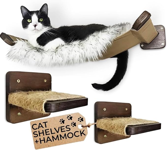 Cat Wall Hammock with Plush Cushion and Two Steps - Cat Wall Shelves Set and Perches for Playing, Climbing, and Sleeping - Wooden Cat Wall Bed - Cat Shelves for Wall Large Cats Set