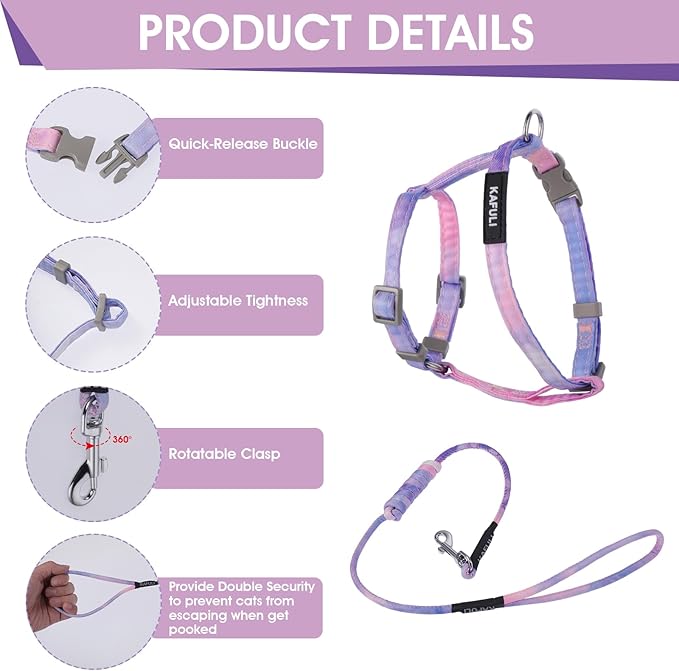 Giantree Cat Harness with Leash and Collar Set, Adjustable H-Shaped Kitten Harness Escape Proof Harness Glow in The Dark for Kitty Outdoor Walking (Gradient Purple)
