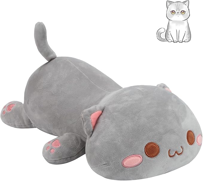 AFAN Cat Stuffed Animals Plush Cute Soft Cat Plush Pillow Toys Kawaii Plushies Room Decor Gifts for Kids Girls Boys (Round Eyes, Grey, 25.9 Inch)