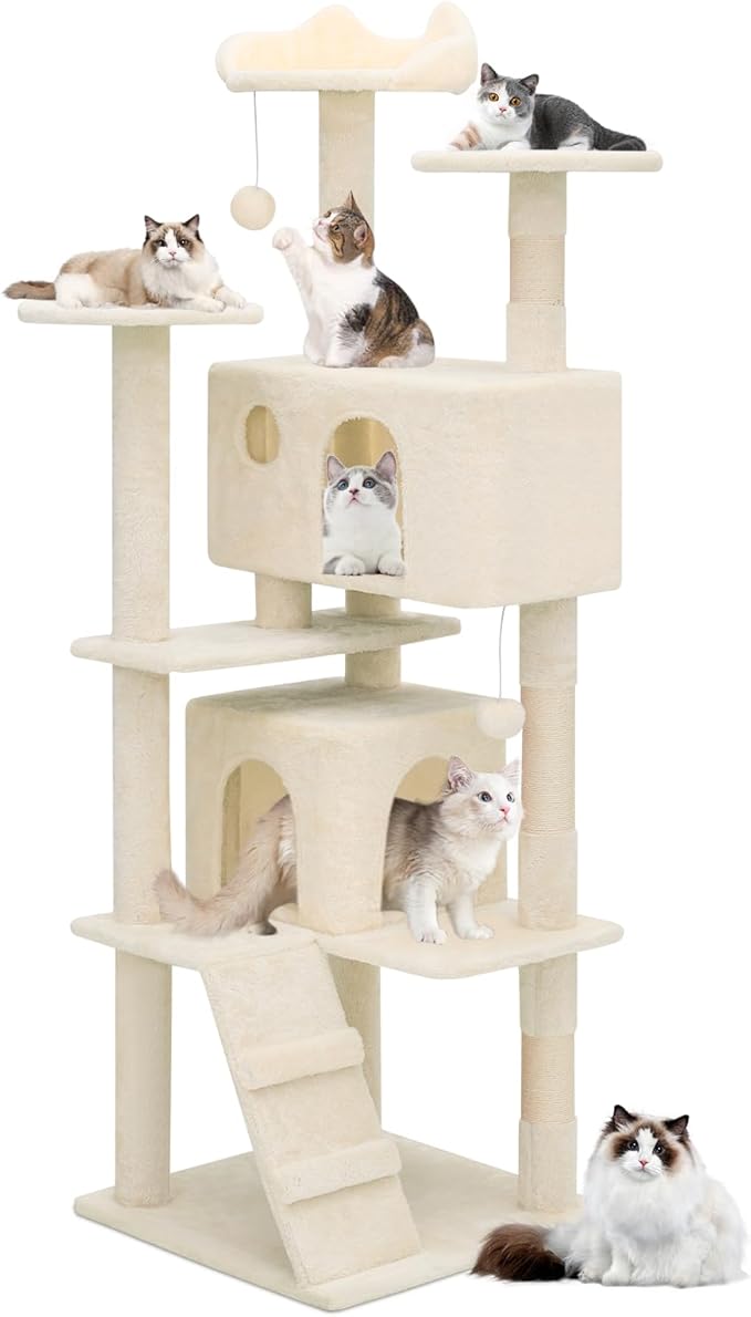 MoNiBloom Cat Tree, 60 Inch Cat Tree Tower with 2 Cat Condo, Cat Tower with Scratching Post, Cat Climbing Tower, Cat Tree for Indoor Cats, Beige