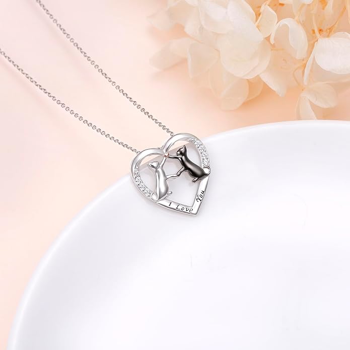 925 Sterling Silver Cat Necklace for Women Small Red Heart Cat Jewelry Pendant Necklace with Cubic Zirconia Dainty Double Cat Necklace Birthday Anniversary Christmas Gifts for Women