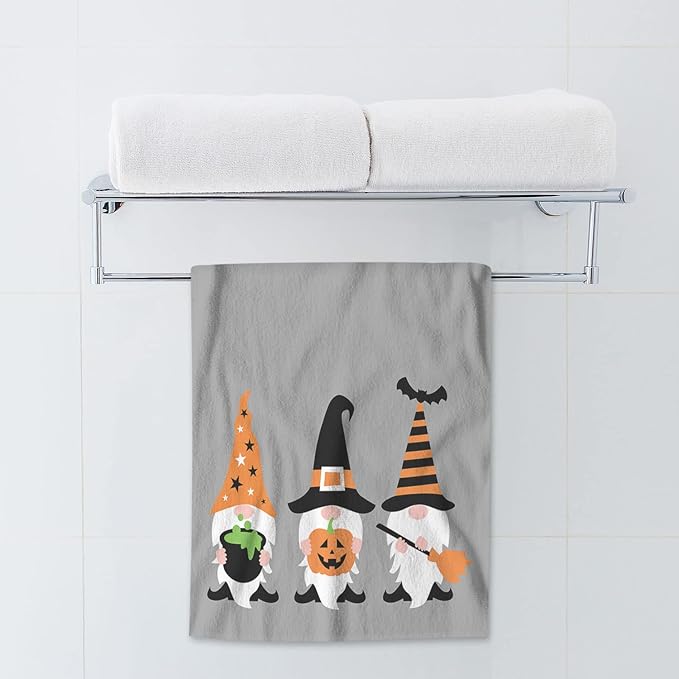 AOYEGO Halloween Gnome Hand Towels Tomte Holding Pumpkin Groom Orange Black Hats Kitchen Bath Towels Bathroom Decor Soft Beach Microfiber Hair Towels 15x30 Inch