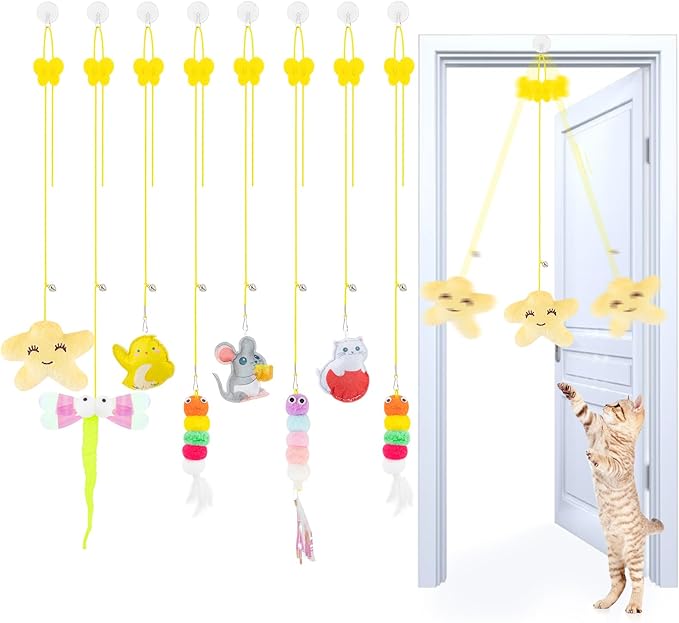 8PC Interactive Cat Toy Cat Feather Toy, Hanging Cat Toy Cat Door Toy Retractable Cat Teaser Hunting Toy, Door Hanging Kitten Mouse Toy Door Frame Hanger for Indoor Cat Mental Physical Play