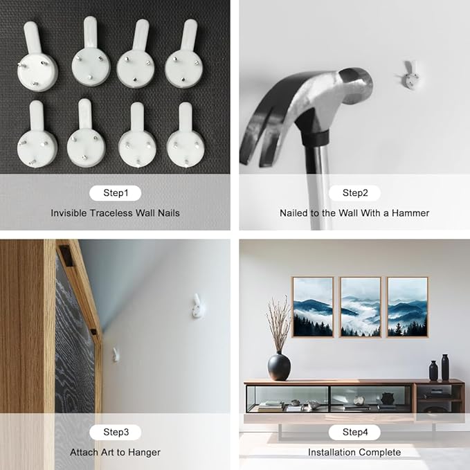 Ausril Blue Boho Mountain Framed Canvas Wall Art Set, Watercolor Misty Forest Wall Decor, Foggy Pine Tree Wall Painting, Nature Mountain Landscape Art Print for Living Room, Bedroom, Office 16"x24"x3