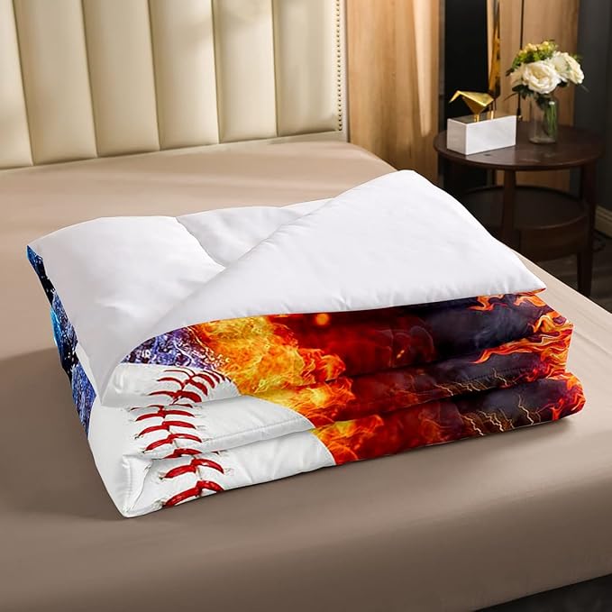 Baseball Comforter Set Twin Size for Teen Boy Room Decor, Fire and Ice Sports Baseball Down Comforter Kids Men Modern Sports Theme Quilted Duvet (1 Comforter Set + 1 Pillow Case), Red and Blue