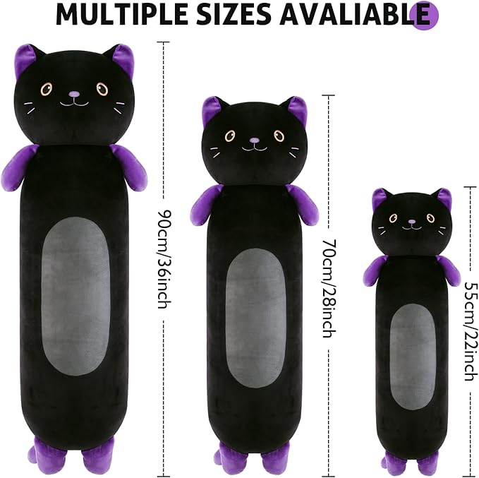 22” Long Cat Plush Body Pillow, Cute Black Cat Stuffed Animals, Lucky Kitty Squishy Soft Plushies Toy, Gifts for Kids Girls and Boys, Birthdays ﻿Easter