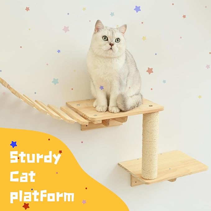 Cat Wall Shelves, Wall Mounted Cat Climbing Shelves, Wooden Cat Furniture with 2 Cat Condo Houses, 3 Cat Perches, 2 Bridge Ladders and 2 Scratching Posts