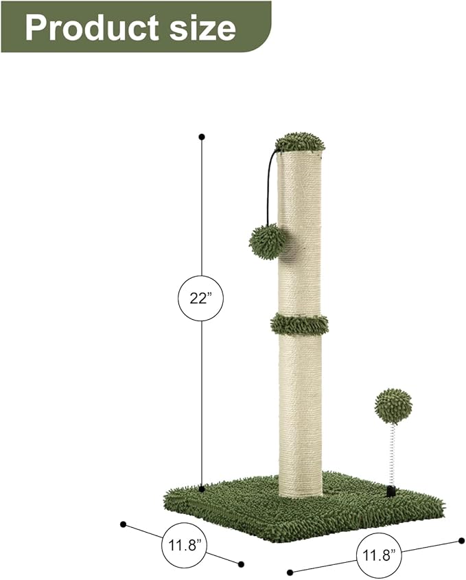 MECOOL Cat Scratching Post Premium Basics Kitten Scratcher Sisal Scratch Posts with Hanging Ball 22in for Kittens or Smaller Cats (22 inches for Kitten, Cactus Green)