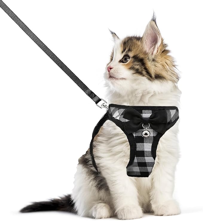 Cat Leashes and Harnesses for Walking,Breathable Soft Kittens Vest for Cats Dogs, Kitten Harness Escape Proof with Bell and Bow-Knot Decoration Christmas(S, Black-White)