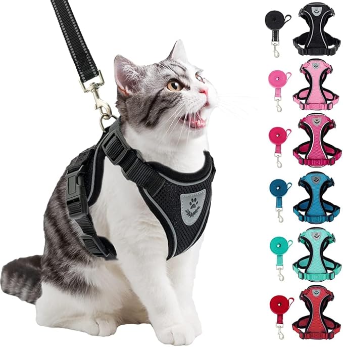 PUPTECK Cat Harness and Leash Set Escape Proof Reflective Cat Walking Harness Adjustable Soft Breathable Mesh Vest for Small Pets, Black, L