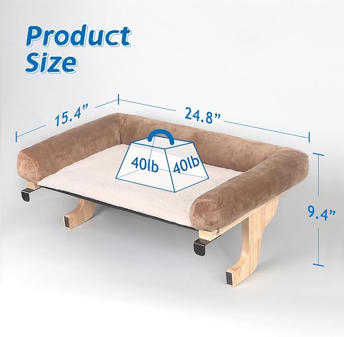Cat Perch for Window Sill with Bolster - Orthopedic Hammock Design with Premium Hardwood & Robust Metal Frame - Cat Window Seat for Large Cats and Kittens - Nartural Color Wood with Brown Bed
